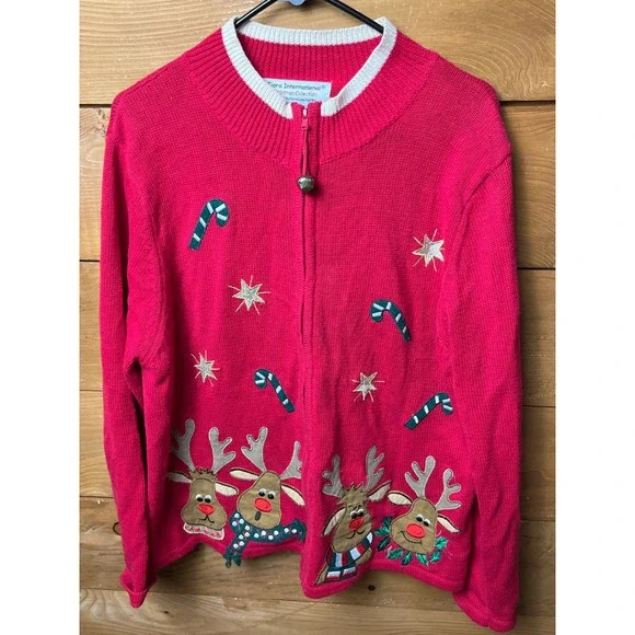 Tiara International Ugly Christmas Cardigan Sweater Lg Reindeer Candy Cane Holid - Picture 7 of 8
